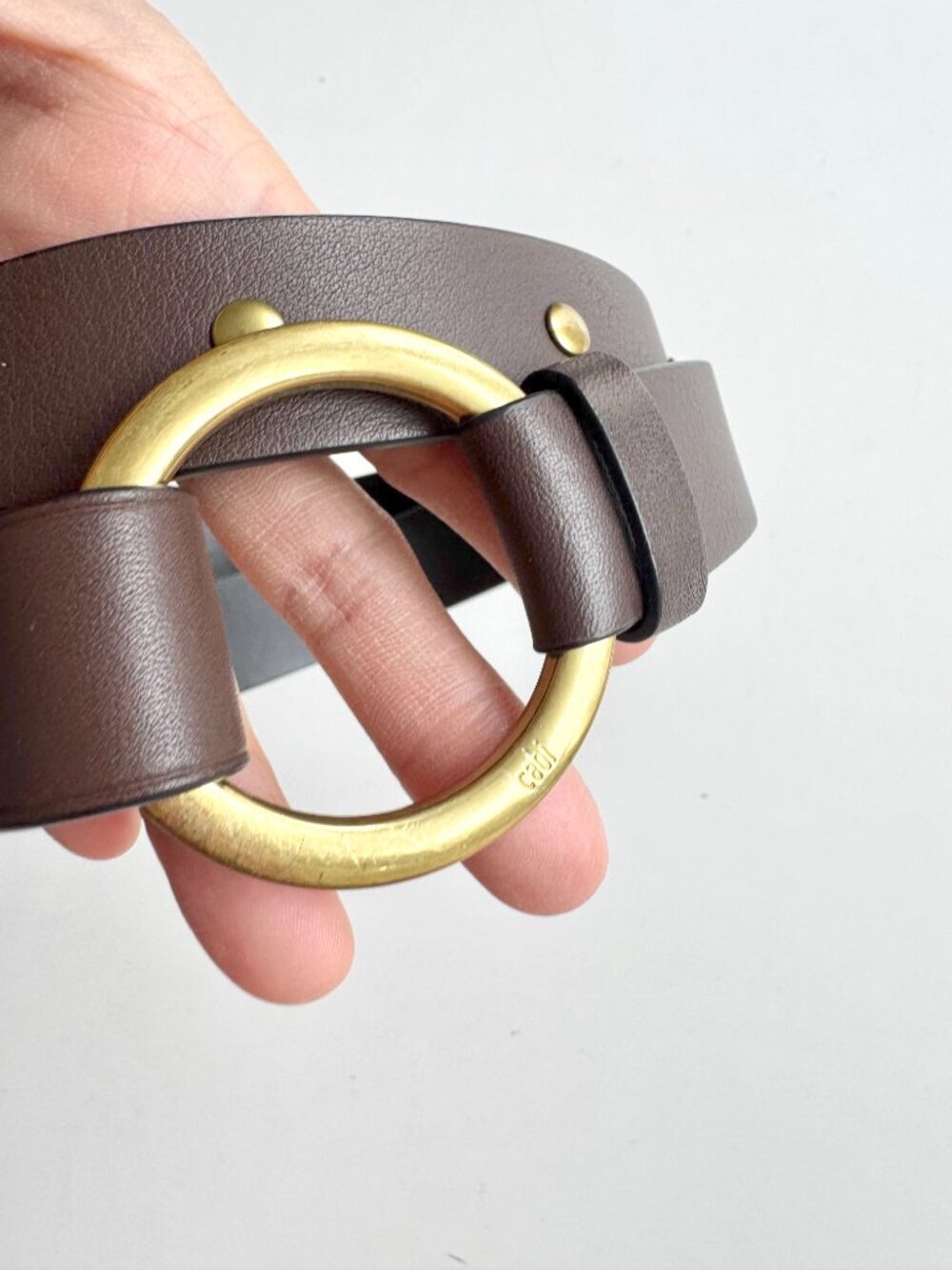 CABI Brown Leather Gold Tone Studded Stud Closure Waist Belt, Size S - Picture 2 of 12